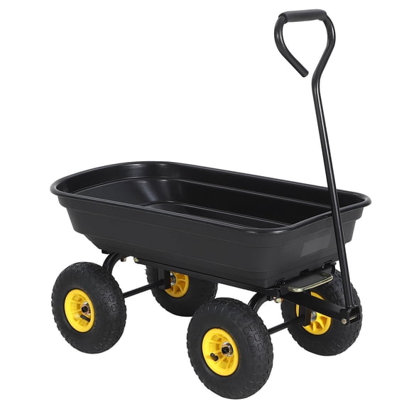PYY Heavy-Duty Garden Dump Cart, 400 lb Capacity Poly Yard Wagon - Quick-Release Dump Bed - Steel Frame - Pneumatic Tires, Black - Plastic Spokes + Rubber Wheels