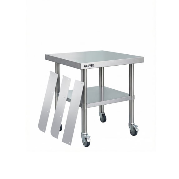 PYY Heavy Duty Stainless Steel Commercial Work Table – Mobile Prep Station with 3-Sided Removable Backsplash, Adjustable Undershelf, 4 Locking Wheels for Restaurant, Kitchen, Bakery, Garage