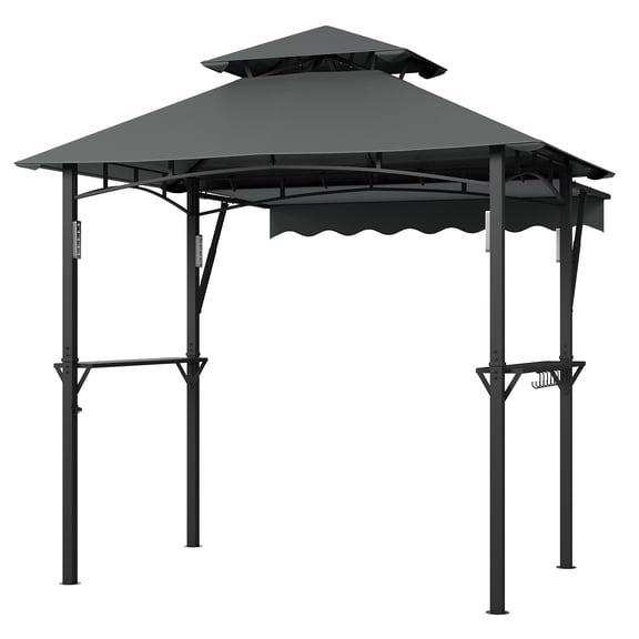 PYY Heavy Duty Steel Grill Gazebo 8' x 5' with Double-Tier Roof, 7' x 3' Extra Awning, Shelves, 10 Hooks, LED Lights, Outdoor BBQ Canopy for Patio Backyard, Gray
