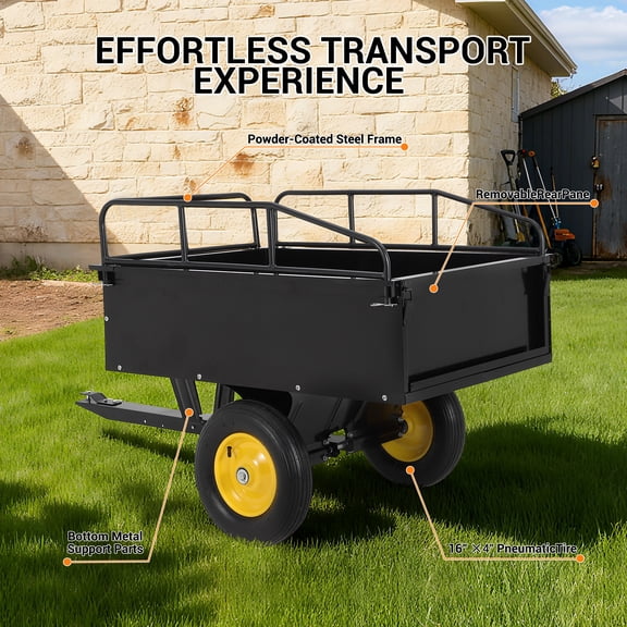 PYY Heavy Duty Tow Behind ATV Trailer – 500 lbs Steel Dump Cart – 10 Cu.Ft. Garden Utility Trailer – Removable Tailgate – For Riding Lawn Mower, Tractor – Black Body and Yellow Wheels