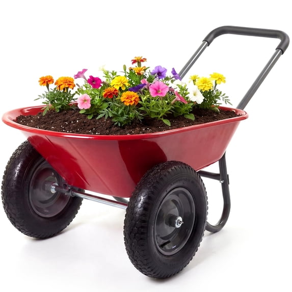 PYY Heavy Duty Two-Wheel Wheelbarrow Garden Cart, Dual Tire Utility Yard Cart with Durable Poly Tray & Steel Frame, Multi-Purpose Hauling Tool for Lawn, Farm, and Landscaping, Red