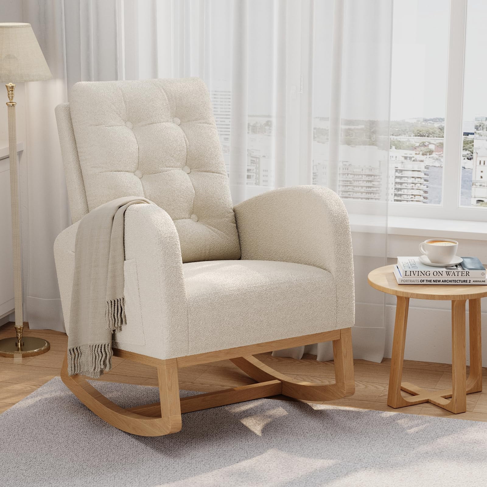 PYY High Back Modern Rocking Chair for Nursery, Home Office or Living Room – Comfortable Boucle Upholstery, Sturdy Wooden Legs, Easy Assembly – Accent Armchair, White Lambswool Without Footrest