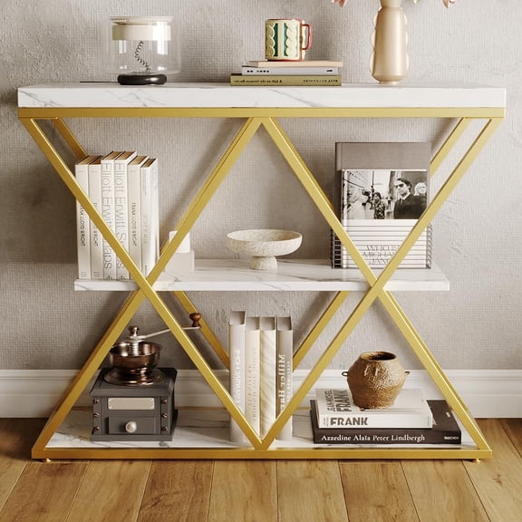 PYY Industrial 3-Tier Console Table – Narrow Design, X-Shaped Metal Frame, Storage Shelves – Entryway, Living Room, Hallway and Home Office – Adjustable Feet – Gold Tube + Marble White