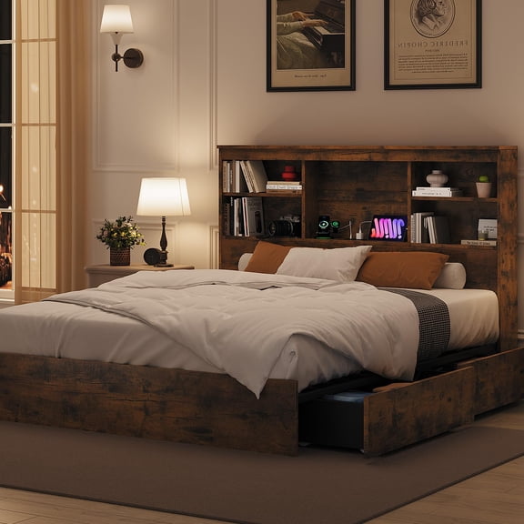 PYY King Size Bed Frame with High Storage Bookcase Headboard, 4 Drawers, Built-in Charging Station, Sturdy Metal and Wood Platform, Noise-Free, No Box Spring Needed - Grey