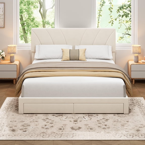 PYY King Size Upholstered Storage Bed Frame with Headboard, Velvet Wave Pattern Platform Bed with 2 Drawers, No Box Spring Needed, White