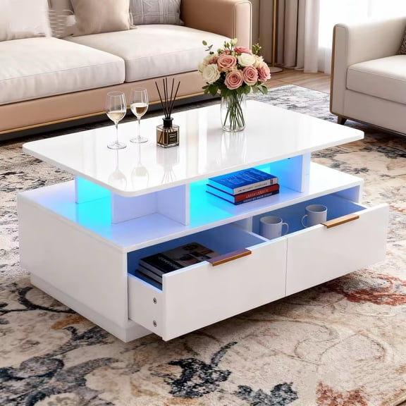 PYY LED Coffee Table with Storage, 35 Inch High Gloss Center Tables with 4 Drawers & Open Shelf, Rectangular Sofa Table for Living Room and Home Office, White