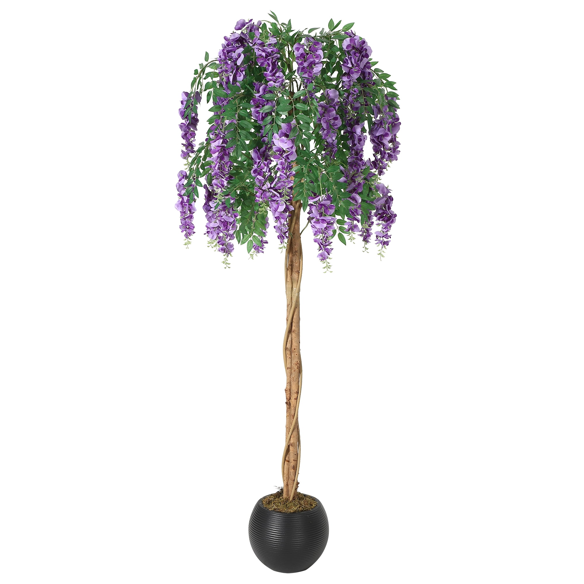 PYY Lifelike Silk Purple Bean Flower Tree – Realistic Double Vine Stems, Hanging Moss, Decorative Faux Plant in Cement Pot for Home, Office, Wedding, or Photo Backdrop, Indoor Decor, 6FT