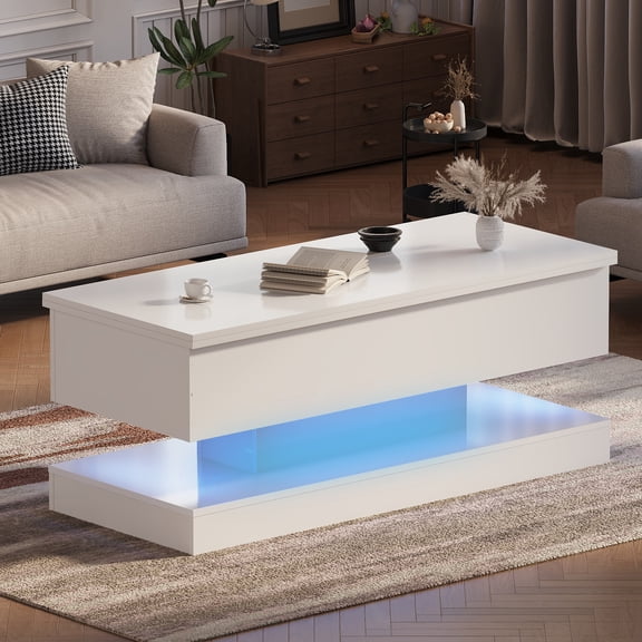 PYY Lift Top Coffee Table with Storage, Modern High Gloss LED Table, Adjustable Convertible, APP Controlled, Dining Table for Living Room, Home Office – White
