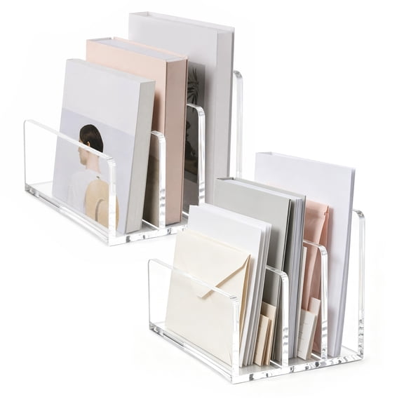 PYY Mail Organizer 2 Pack, Clear Acrylic 3 Compartment Vertical Letter Sorter, Desktop File Holder for Bills Documents Envelopes, Countertop Mail Organizer for Home Office Desk
