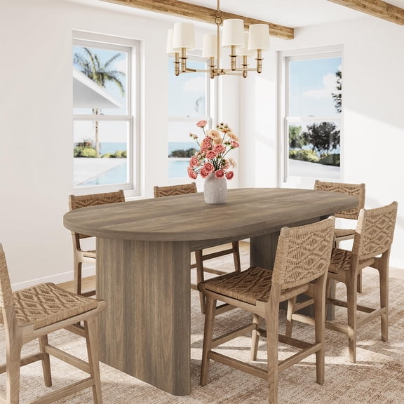 PYY Mid-Century Modern Oval Dining Table with Space-Saving Double Pedestal Base, 71" Large Wood Kitchen Table for 6 to 8 People, Heavy-Duty Dining Room Furniture, Natural Color
