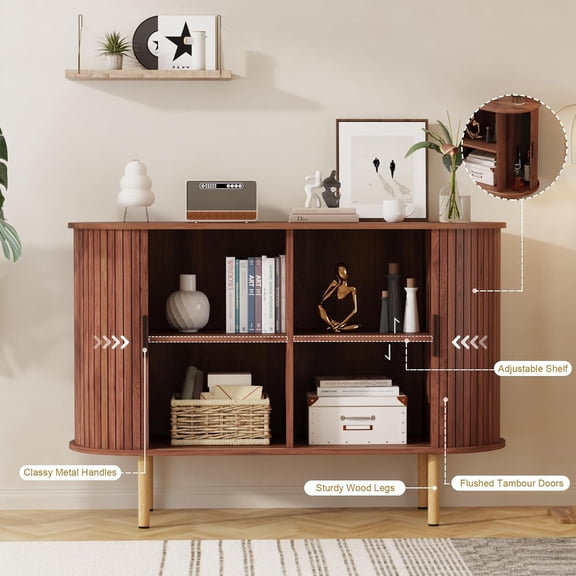 PYY Mid-Century Modern Walnut Sideboard Buffet Cabinet 47" – Sliding Doors, Adjustable Shelves, Freestanding Storage Console Table – Living Room, Dining Room, Entryway and Home Office – Brown