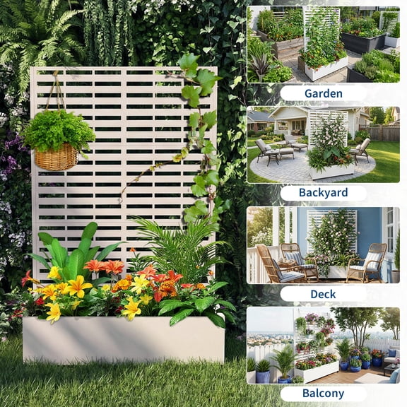 PYY Mobile Metal Raised Garden Bed with Trellis & Privacy Screen – 71.5" x 47" x 16" Planter Box, Drainage Holes, For Climbing Plants, Vegetables, Flowers – Wide Slat Trellis, White, With Wheels