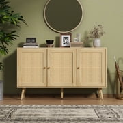 PYY Modern Boho Rattan Sideboard Buffet Cabinet   47.2 Credenza, 3 Doors, Adjustable Shelves   Storage for Dining Room, Kitchen, Home Office, Living Room, Entryway, Coffee Bar   Oak Color