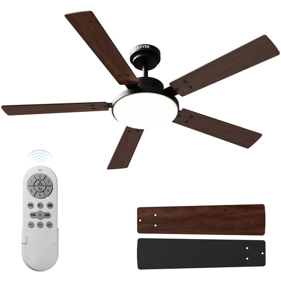 PYY Modern Ceiling Fan with Light & Remote, 52 in, Reversible DC Motor, 6-Speed, 3CCT Dimmable LED, Memory Function, Timer, Indoor/Outdoor - Wood Grain Dark Brown + Black