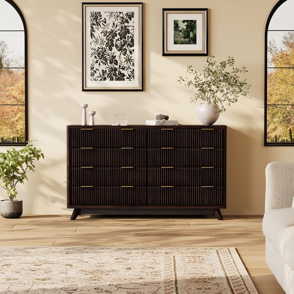 PYY Modern Fluted 8-Drawer Dresser, 54" Wide Wood Chest – Curved Design, Spacious Storage, Metal Handles, TV Stand for Bedroom, Hallway, Home Office or Closet Organization, Black Walnut