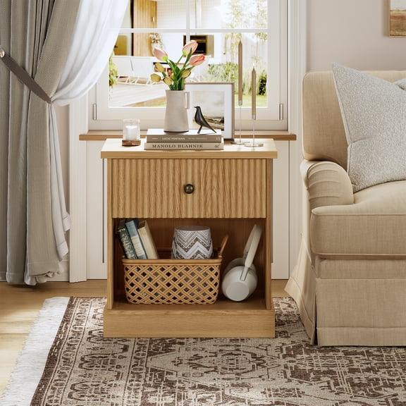 PYY Modern Fluted Bedside Table with Drawer & Open Shelf – Curved Base, Space-Saving Wood Grain End Table for Bedroom, Home Office or Living Room – Light Oak