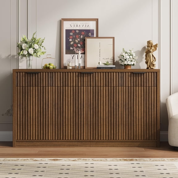 PYY Modern Fluted Buffet Sideboard Cabinet, 55 in Credenza with Storage - Doors & Adjustable Shelves - Kitchen/Dining Room Coffee Bar Console, Classic Brown