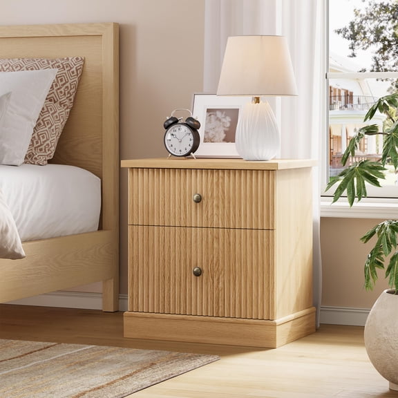 PYY Modern Fluted Nightstand, 24" Bedside Table Small Accent Storage Cabinet with 2 Drawers for Home Office, Curved Stable Base Side End Table, Natural