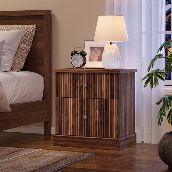 PYY Modern Fluted Nightstand, 24" Bedside Table Small Accent Storage Cabinet with 2 Drawers for Home Office, Curved Stable Base Side End Table, Brown