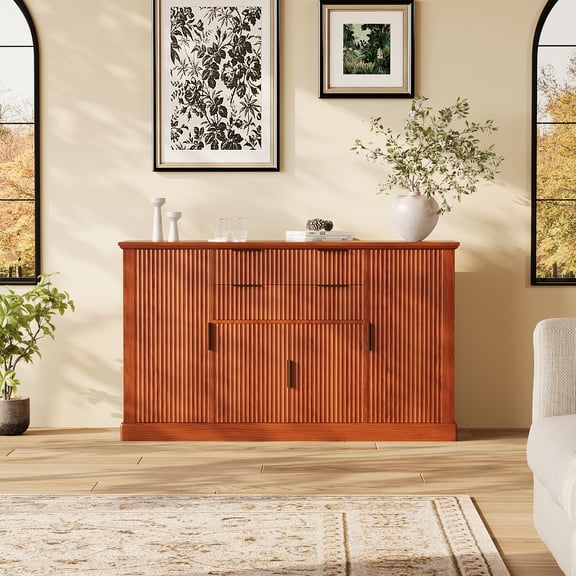 PYY Modern Fluted Sideboard Buffet Cabinet – 4 Doors & 2 Drawers – Adjustable Shelf – Gold Handles – Storage Console Table for Dining Room, Living Room, Home Office, Walnut Finish