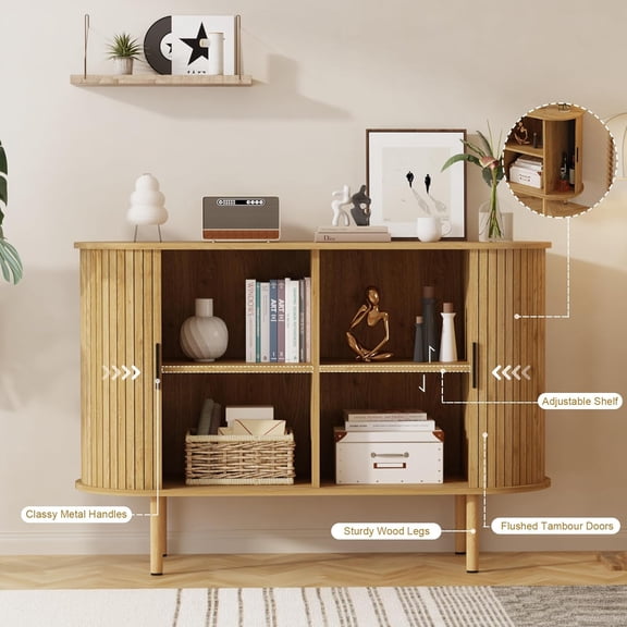 PYY Modern Fluted Sideboard Buffet Cabinet 47" – Sliding Oak Doors, Adjustable Shelves, Accent Storage Console Table – Living Room, Dining Room, Entryway, Kitchen and Home Office – Oak Wood