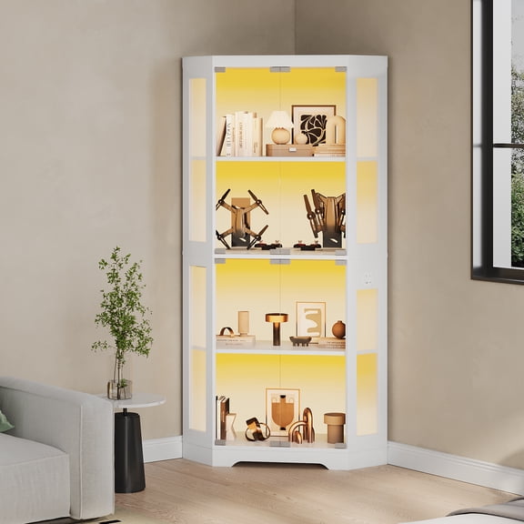 PYY Modern Glass Corner Display Cabinet – 4-Tier Curio, 3-Color LED Lights, Charging Ports, Motion Detector – Storage Shelf for Toys, Books, Collectibles, Home Office – White