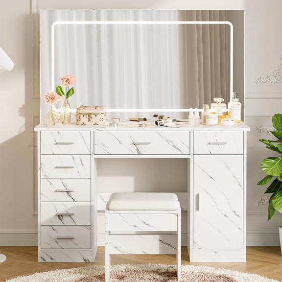 PYY Modern Vanity Desk with Large LED Mirror & 7 Drawers - 3 Light Modes, Power Outlets, Hair Dryer Holder - Spacious Storage Makeup Table Set for Bedroom, Home Office - Marble White Finish