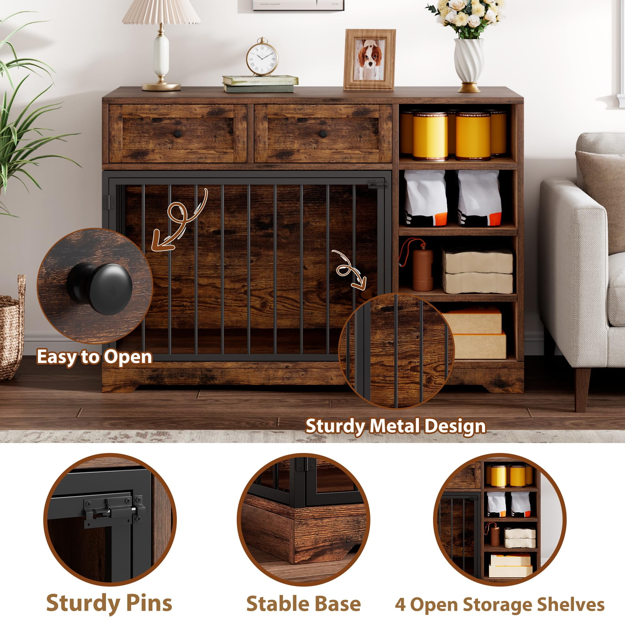 PYY Multi-Functional Wooden Dog Crate Furniture – 2 Drawers & 4 Shelves, TV Stand Design, Indoor Dog Bed for Small, Medium, Large Dogs, Home Office – Classic Color