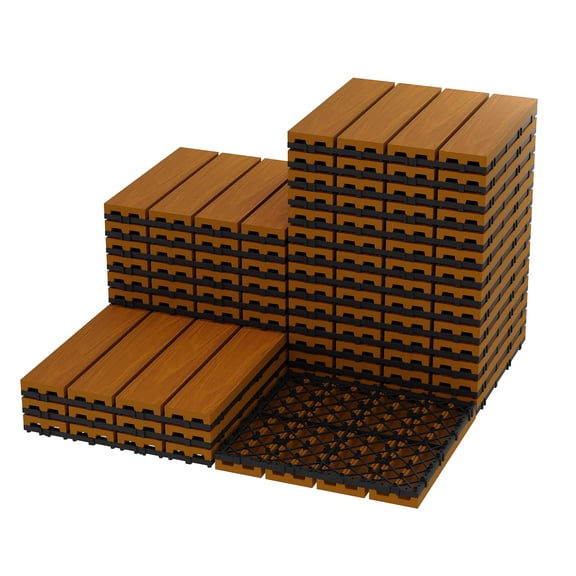 PYY Outdoor Interwoven Deck Tiles for Wall Decor – 12"x12" Waterproof Composite, Wood Grain, Easy Snap-In, Weather Resistant, Patio & Poolside Flooring, Teak – 27PCS/set