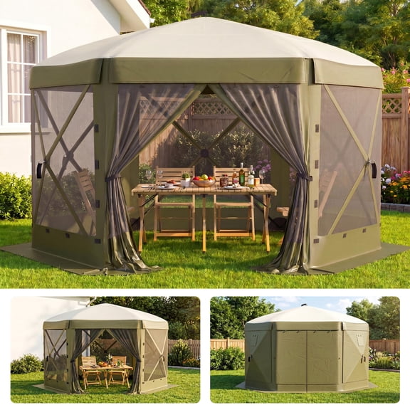 PYY Pop-Up Hexagon Screen Tent Gazebo, 11x11 ft 6-Sided Portable Mesh Canopy Bug Shelter for Camping, Patio & Backyard - Enclosed Screen Room, Green