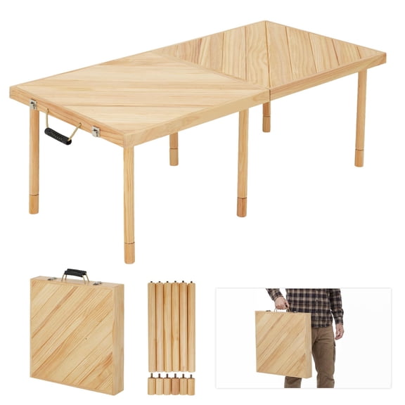 PYY Portable Outdoor Folding Picnic Table, 44 x 22 in Wood Top - Adjustable Height - Lightweight Compact Design - Sturdy Build - Quick Setup - Built-In Carry Handles