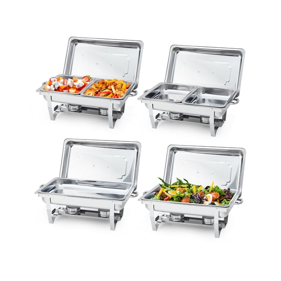 PYY Professional Chafing Dish Buffet Set - 8QT Stainless Steel with 6 Food Pans, Collapsible Rectangular Warmers for Catering, Parties, Weddings - 4-Piece Set, 2 Double Grids + 2 Single Grids
