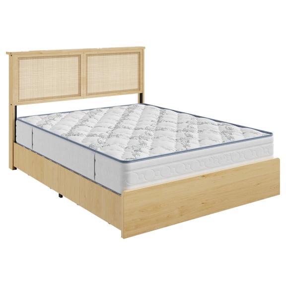 PYY Queen Size Platform Bed Frame with Woven Grass Rattan Headboard & Under-Bed Storage Drawer, Boho Style MDF Wood Mattress Foundation Bed Base with Sturdy Wooden Slats, No Box Spring Needed