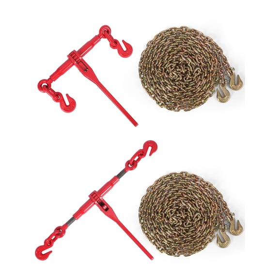 PYY Ratchet Load Binder with Chain, 5/16 - 3/8 Inch Binder & 5/16" x 20' Transport Chain, Heavy Duty 2 Sets Tie Down Chains with Hooks for Flatbed Trucks, Logging, Equipment Hauling, Red