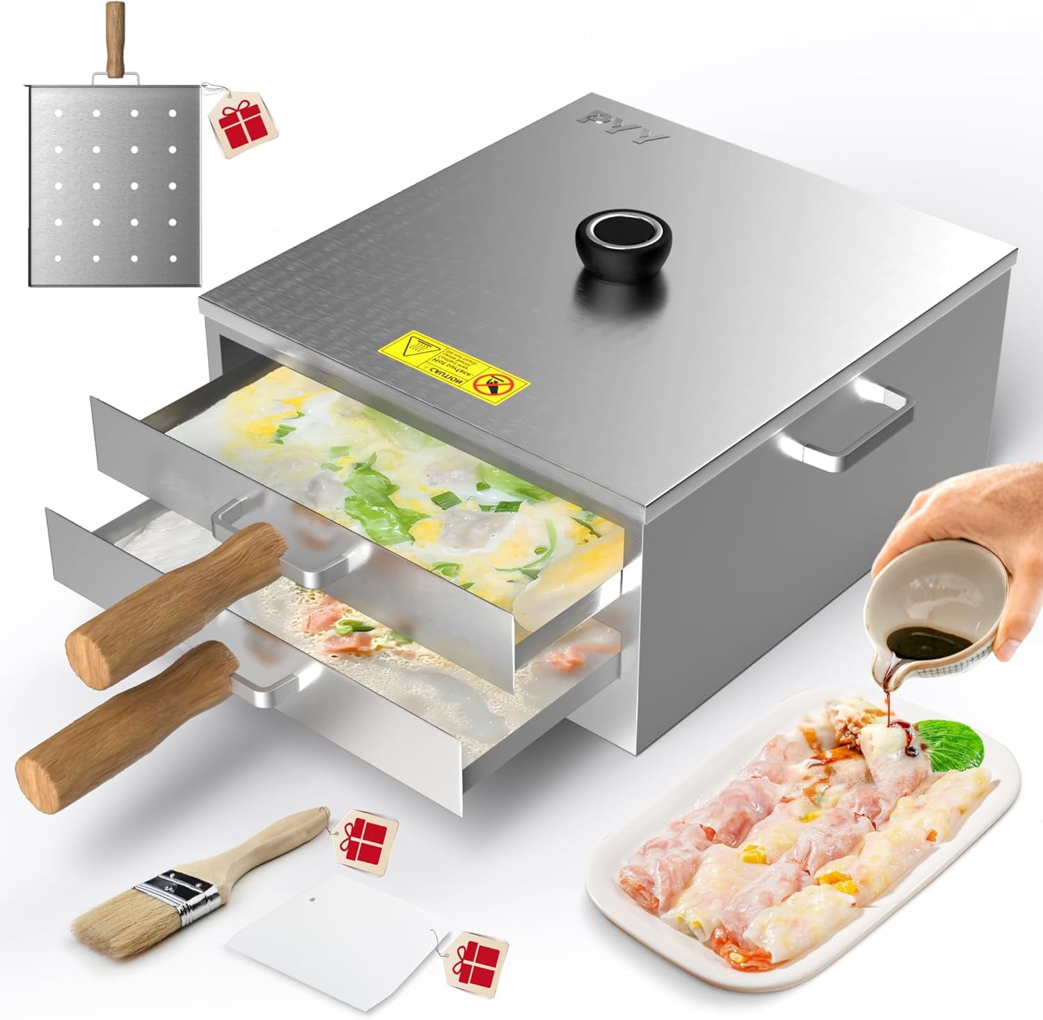 Predolo Reisnudel Dampfgarer - Cheung Fun Steamer Mit 2 Tabletts Edelstahl