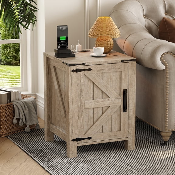 PYY Rustic Farmhouse Bedside Cabinet with USB Charging Station – 18'' Large Tabletop, Sliding Barn Door, Adjustable Two-Tier Shelf, Sturdy Wood Frame – Bedroom/Living Room – Light Brown