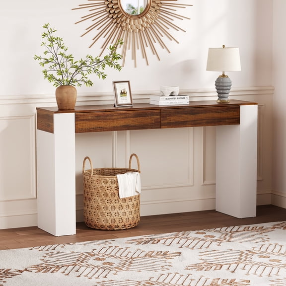 PYY Rustic Slim Console Table with Storage - 63 Inch Long Entryway Sofa Table, 2 Drawers, Narrow Hallway Accent Furniture for Living Room and Home Office - Brown and White