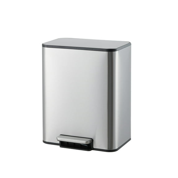 PYY Soft-Close Stainless Steel Trash Can with Foot Pedal - 3.4 Gallon (13L) Rectangular Waste Bin - Removable Inner Bucket - Space-Saving Design for Bathroom, Kitchen, Home Office - Silver