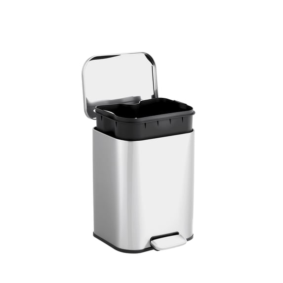 PYY Stainless Steel Bathroom Step Trash Can - 1.3 Gallon/5L, Soft-Close Lid, Removable Inner Bucket, Fingerprint-Proof, Rectangular Recycling Bin for Kitchen, Home Office, Silver - 21.0×18.8×27.9cm