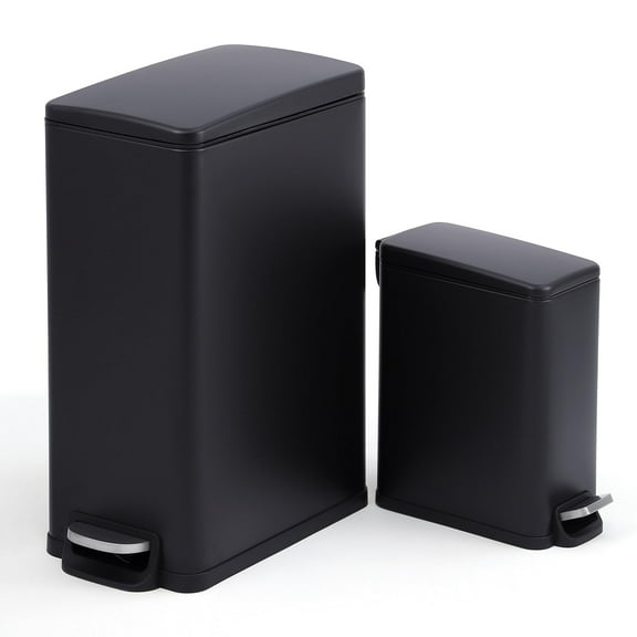 PYY Stainless Steel Slim Trash Can Combo Set - 12 + 2.6 Gallon Step-On Pedal - Soft Close Lids & Removable Buckets - Space-Saving for Kitchen, Bathroom, Home Office - 2-Pack Black Combination Pack