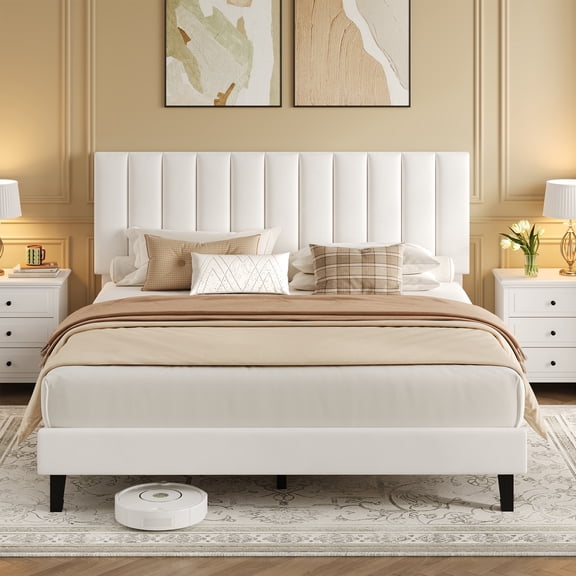 PYY Suede Upholstered Platform Bed Frame with Adjustable Tufted Headboard, Sturdy Noise-Free Support, No Box Spring Needed, Easy Assembly - Queen Size, White
