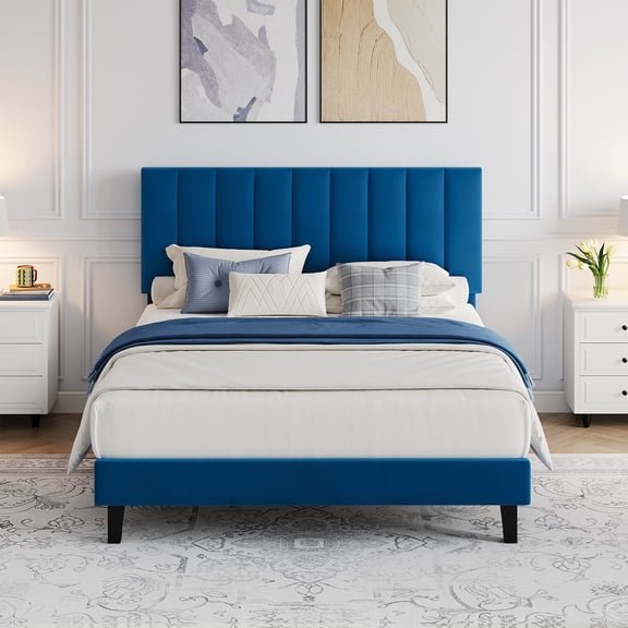 PYY Suede Upholstered Platform Bed Frame with Adjustable Tufted Headboard, Sturdy Wooden Slats, No Box Spring Needed, Easy Assembly, Noise-Free - Full Size, Navy