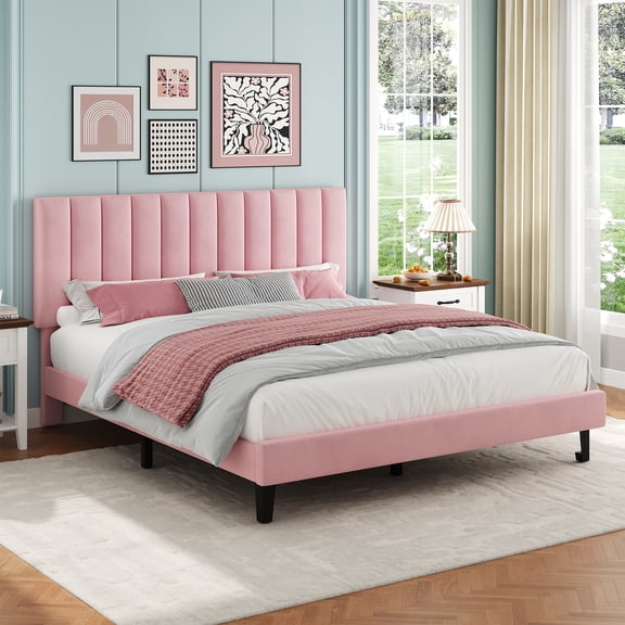 PYY Suede Upholstered Platform Bed Frame with Adjustable Vertical Channel Tufted Headboard for Home Office, Sturdy Wooden Slats, No Box Spring Needed, Easy Assembly - Queen Size, Pink