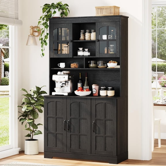 PYY Tall Black Kitchen Pantry Cabinet with Glass Doors, Hutch, 70.9'' Storage, Built-in Charging Station, Dining Room, Home Office Wine Rack & Cupboard - Modern Black