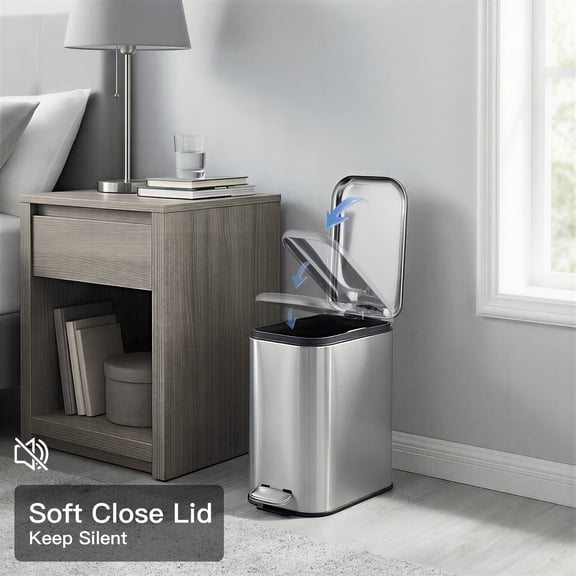 PYY Trash Can Odor-Seal Soft-Close – 5L (1.3 Gallon) Stainless Steel Bin with Removable Inner Bucket, Sturdy Pedal & Carry Handle for Bathroom, Kitchen, Home Office – Silver – 27.4×14.5×26.5cm