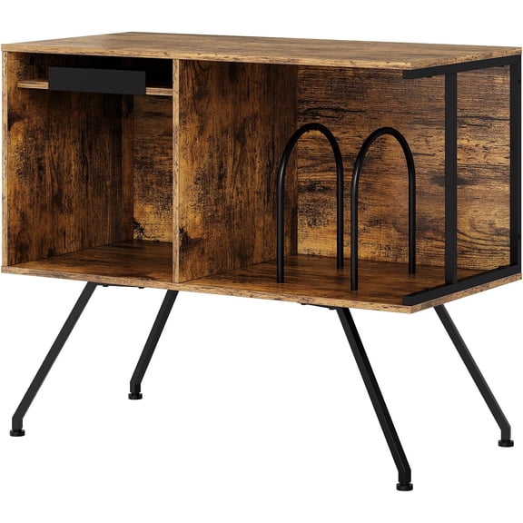 PYY Turn-Top Vinyl Record Player Stand & Storage Cabinet - Holds Up to 150 Records, Steel Frame Media Console with Adjustable Feet for Living Room, Tiger-Striped Brown - Color: Tiger-Striped