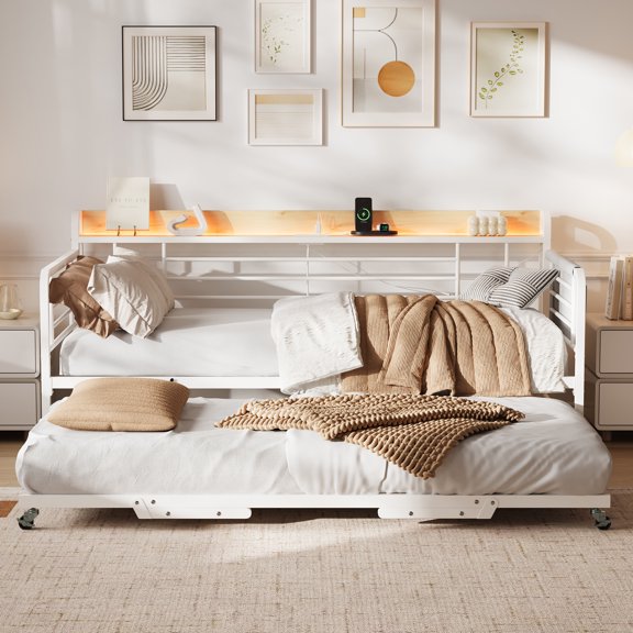 PYY Twin Daybed with Trundle – Storage Headboard with Charging Station & LED Light, Extra Storage Bags for Home Office, Heavy Duty Metal Sofa Bed for Bedroom, Living Room, Guest Room – White and Wood