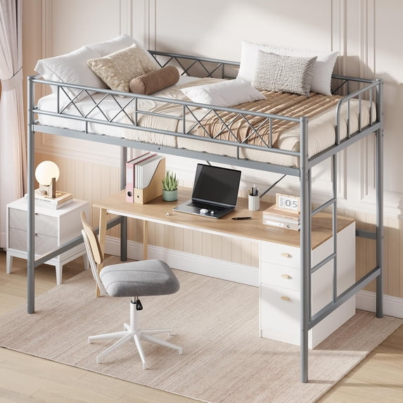 PYY Twin Size Loft Bed, Heavy Duty Metal Frame with Arched Guardrail for Home Office and Bedroom, Flat Ladder Rung, and Steel Slat Support, No Box Spring Required, Space Efficient, Gray