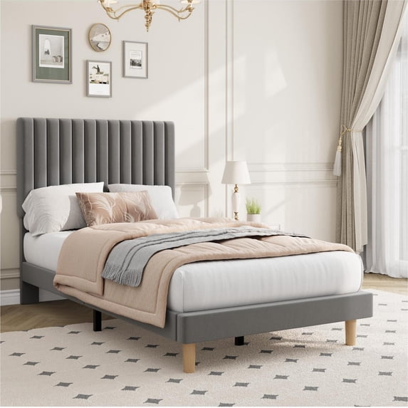 PYY Twin Size Velvet Bed Frame for Home Office and Bedroom, Vertical Channel Tufted Headboard, Height Adjustable, Upholstered Platform Bed, No Box Spring Needed, Light Grey