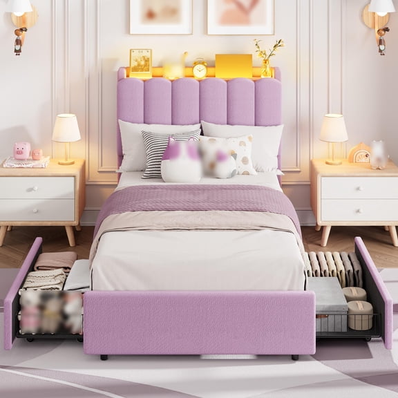 PYY Twin XL Size Upholstered Platform Bed Frame with LED Lights and Storage Headboard, Deep Pink Wave Shaped Soft Bed with 2 Storage Drawers, Heavy Duty Metal Frame No Box Spring Needed